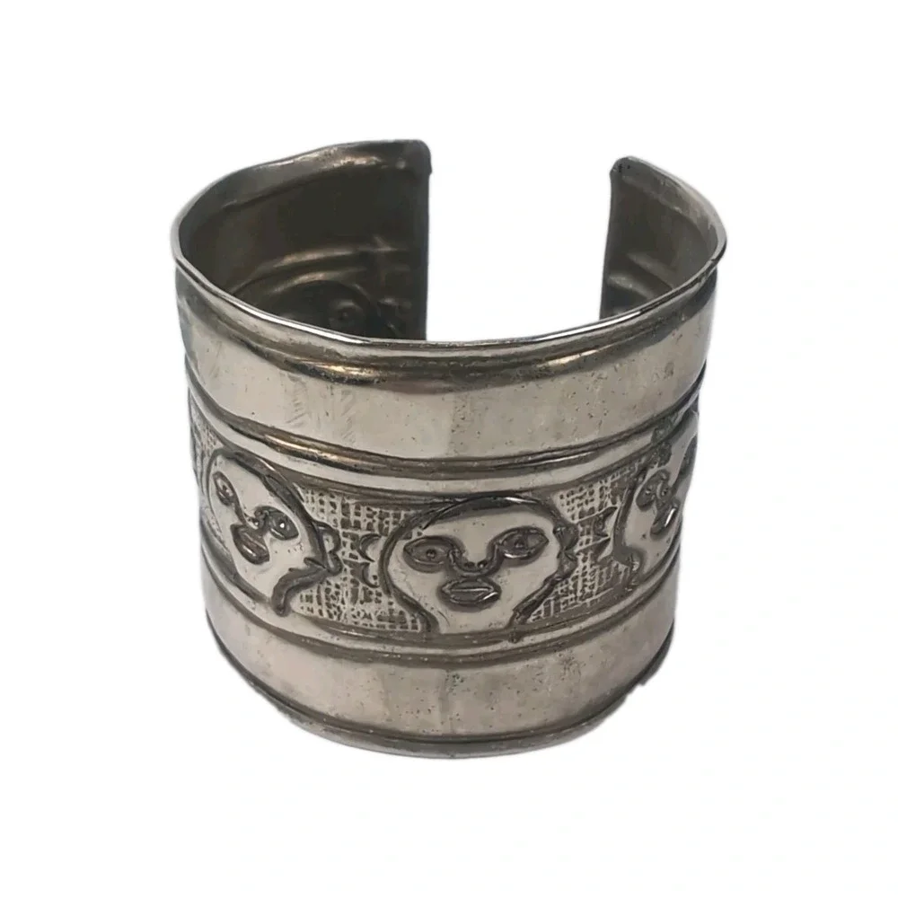Vintage Boho Wide Cuff Bracelet Embossed  Silver Tone Ornate Carved Faces 2X2.5